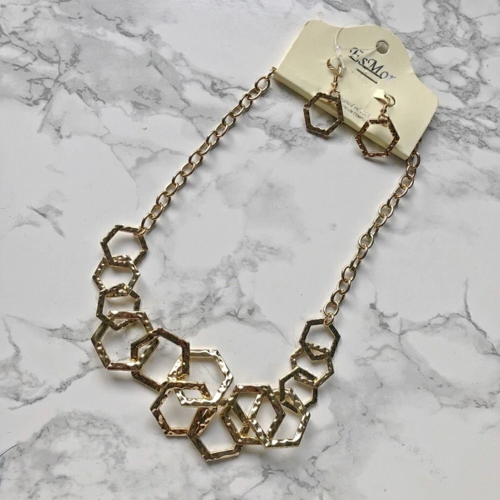 2/$30 Gold Geometric Statement Necklace Earrings Set